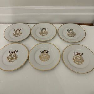 Set of 6 pier 1 Christmas ornament dessert plates with gold trim accents